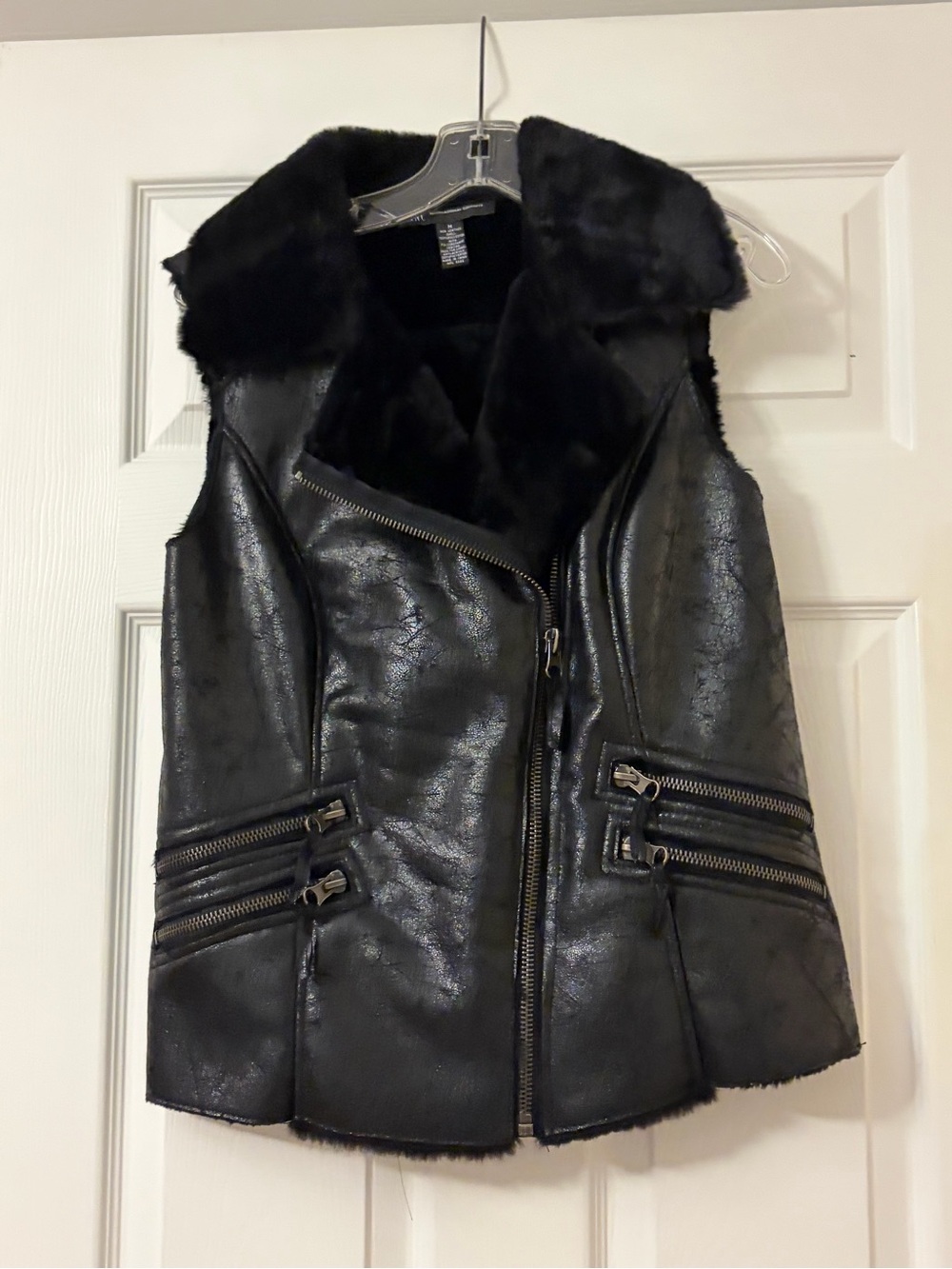 INC International Concepts Black Faux Leather Shearling Moto Vest